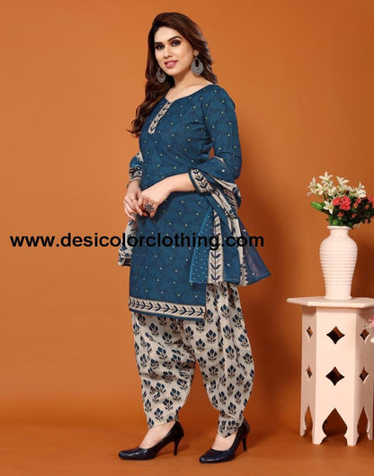 Blue Printed Cotton Unstitched Salwar Suit Material