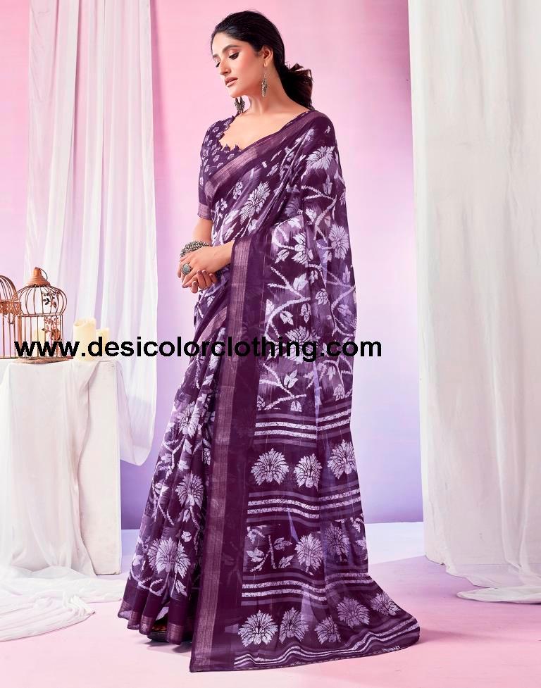 Dark Purple Cotton Zari Saree