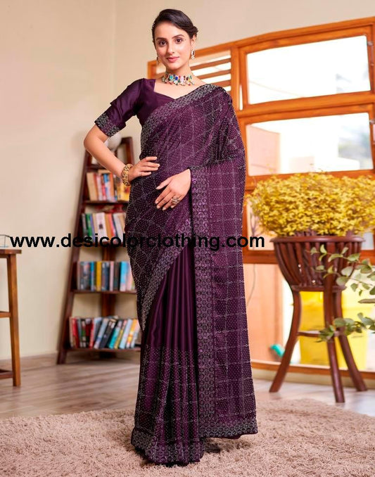 Deep Purple Georgette Plain Saree