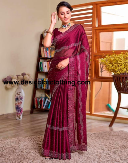 Deep Pink Georgette Plain Saree
