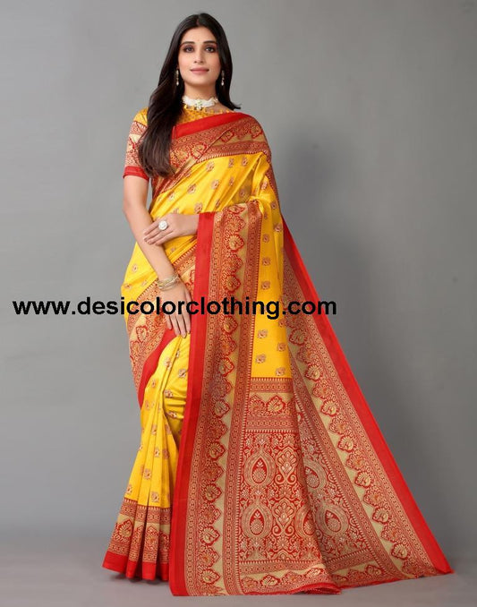 Yellow Printed Silk Saree