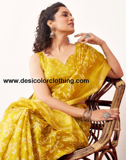 Yellow Cotton Printed Sarees