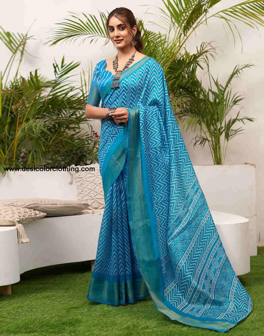 Blue Cotton Printed Saree