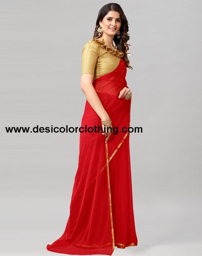 Red Plain Chiffon Saree