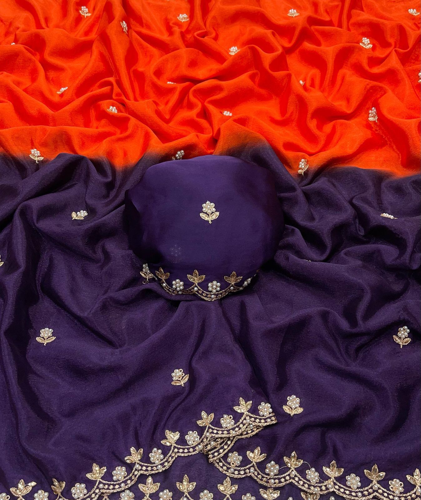 Product Image - Designer Chinnon Saree with Embroidery and Moti Work