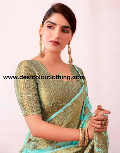 Elegant Blue and Golden Cotton Silk Saree with Plain Woven Design and Matching Blouse