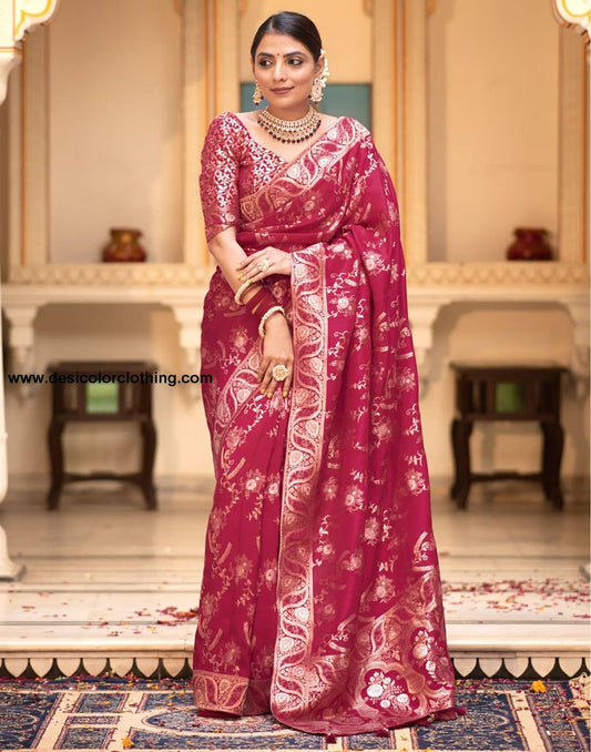 Dark Pink Silk Plain Saree