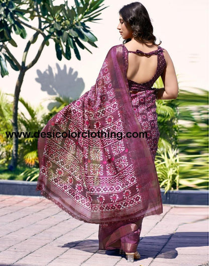 Deep Purple Printed Saree Cotton