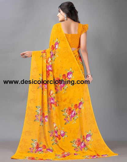 Yellow Printed Georgette Saree