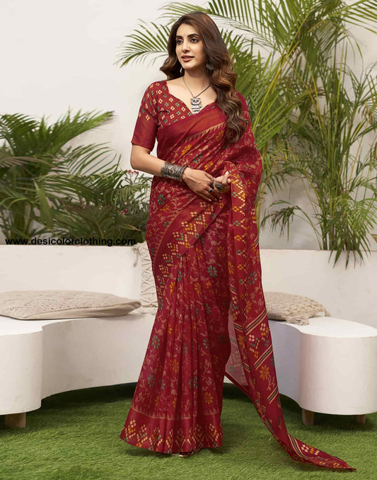 Red Cotton Printed Saree