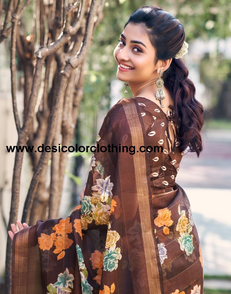 Dark Brown Cotton Printed Saree