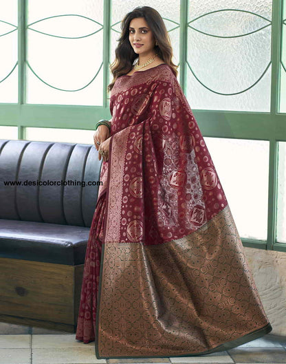Dark Red Banarasi Silk Saree
