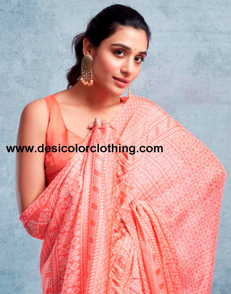 Peach Chiffon Printed  Saree