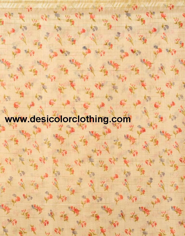 Beige Cotton Printed  Saree
