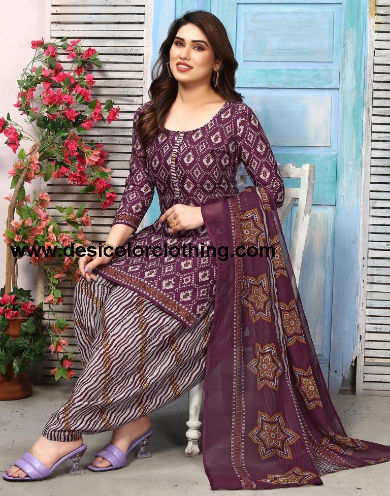 Wine Printed Cotton Unstitched Salwar Suit Material