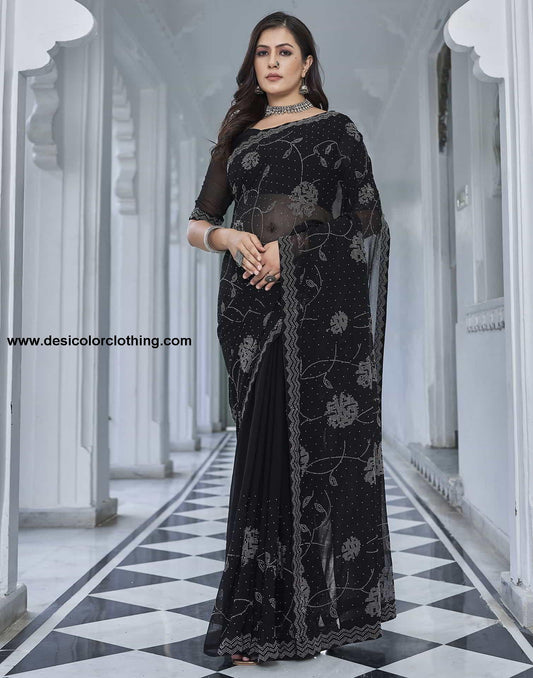 Black Swarovski Georgette Stone Work Saree