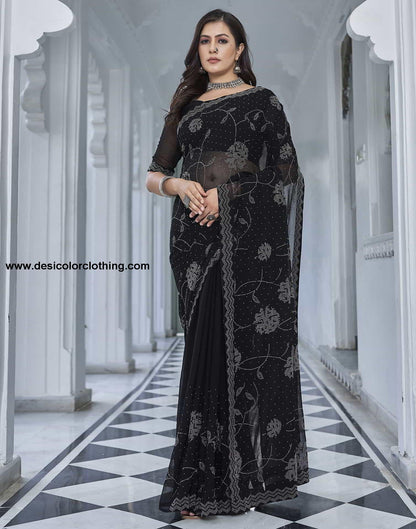 Black Swarovski Georgette Stone Work Saree