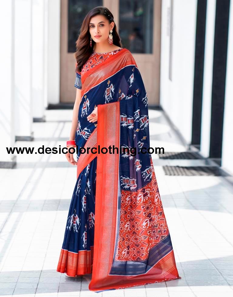 Rust Silk Printed Saree
