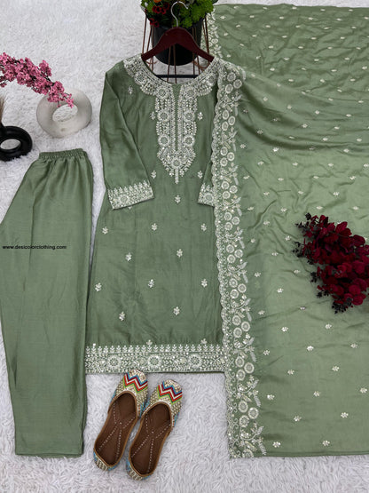 Pure Chinnon With Embroidery Sequence Work Top-Bottom And Dupatta Set Fully Stitched Ready To Wear*