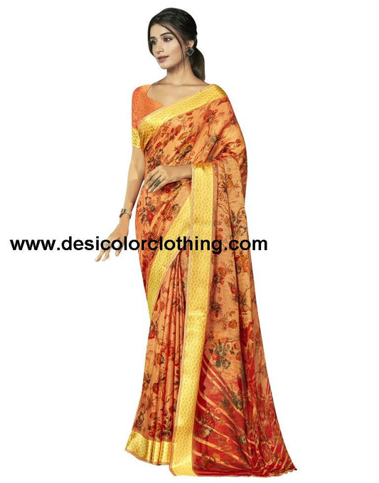 Royal Orange Printed Jute Saree