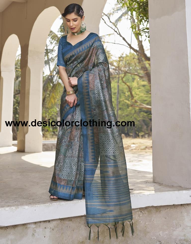 Blue Silk Printed Ready To Wear