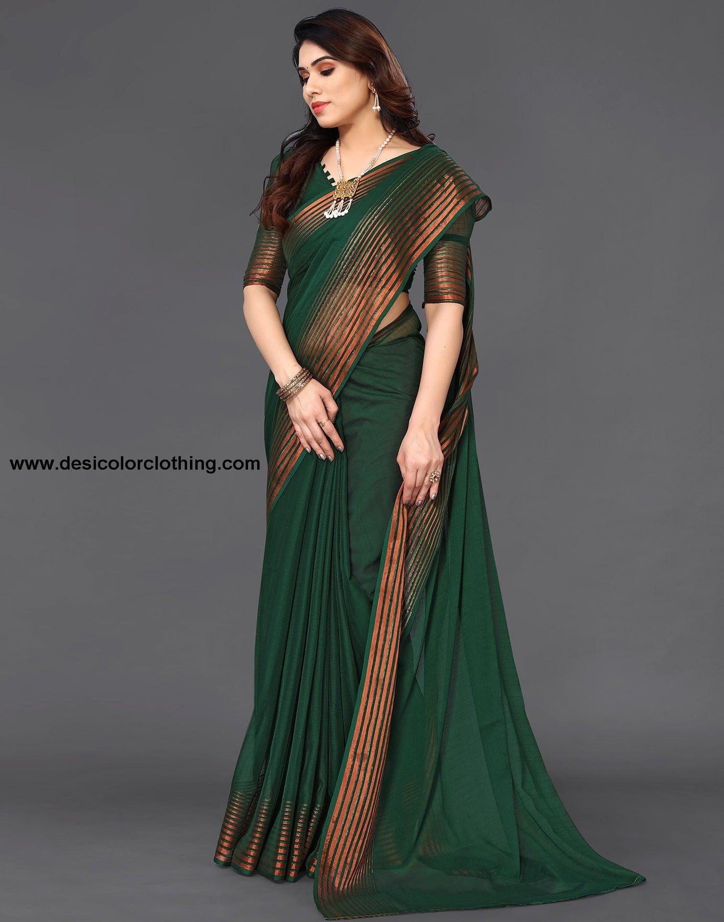 Dark Green Chiffon Plain Saree