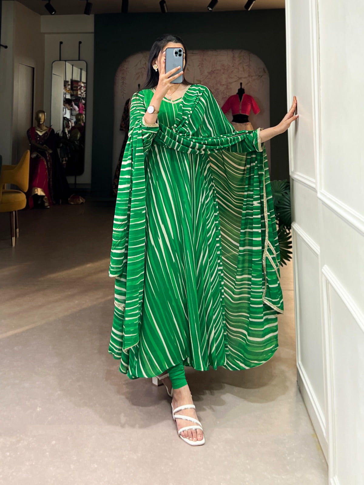Product Image - Elegant Georgette Gown with Leheriya Print - Festive Wear