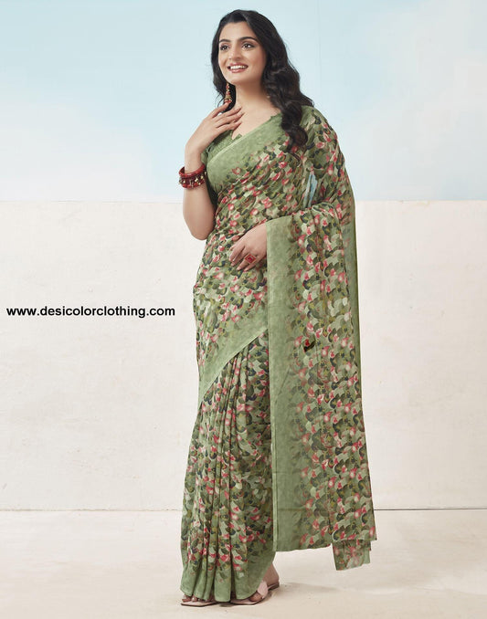 Olive Green Printed Georgette Saree