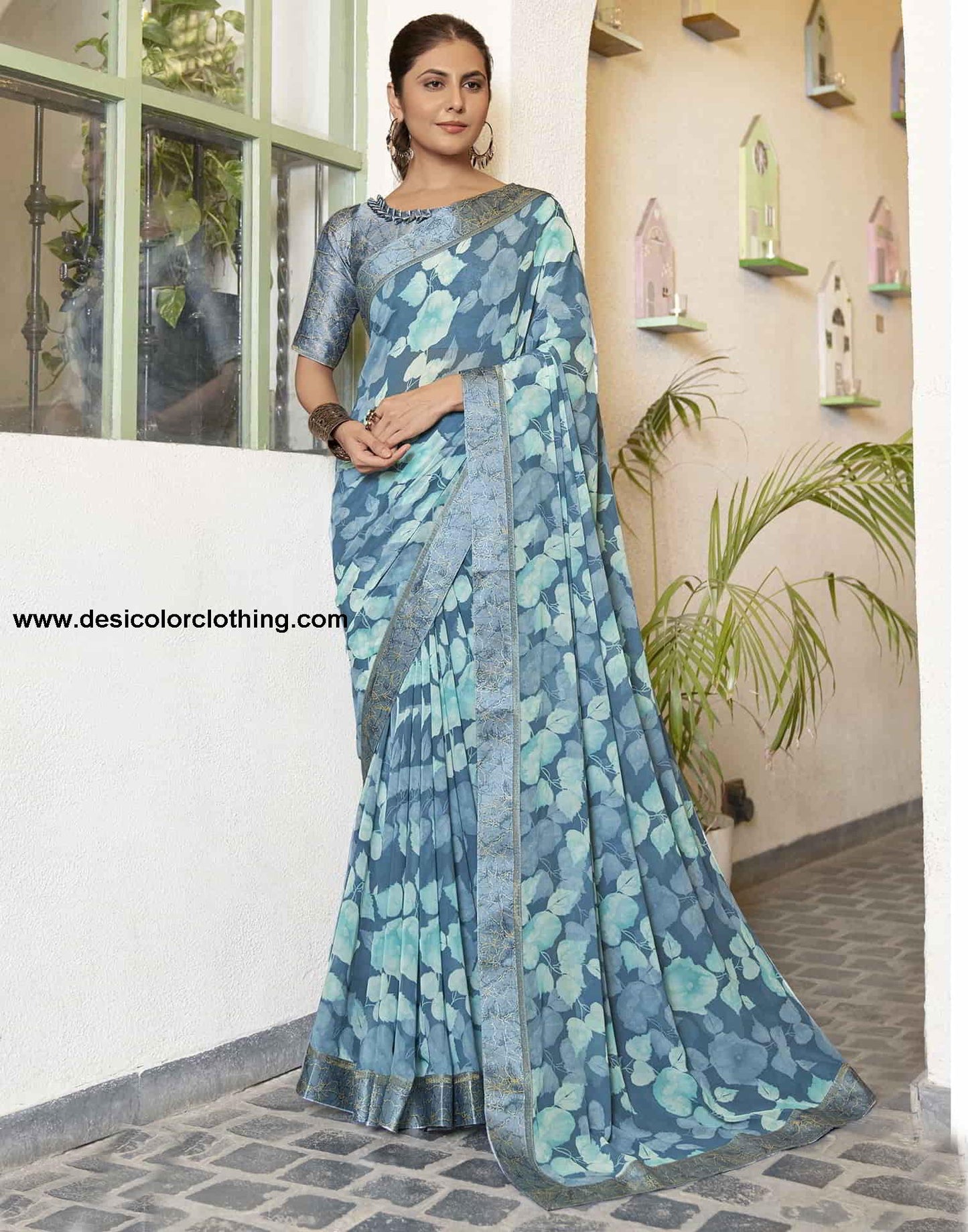 Blue Georgette Printed Saree