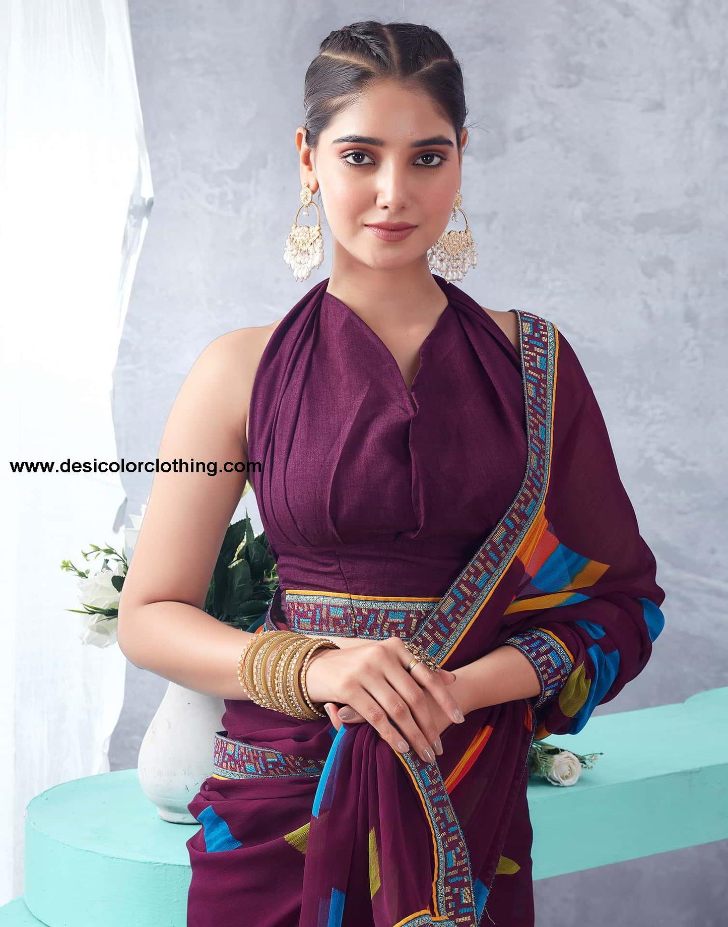 Wine Printed Chiffon Geometric Saree