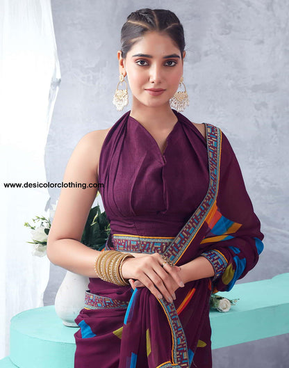Wine Printed Chiffon Geometric Saree