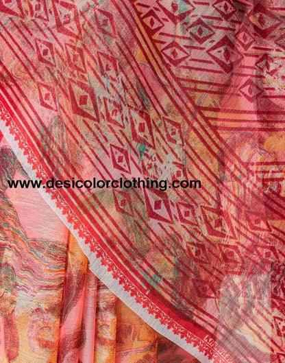 Red Chiffon Printed  Saree