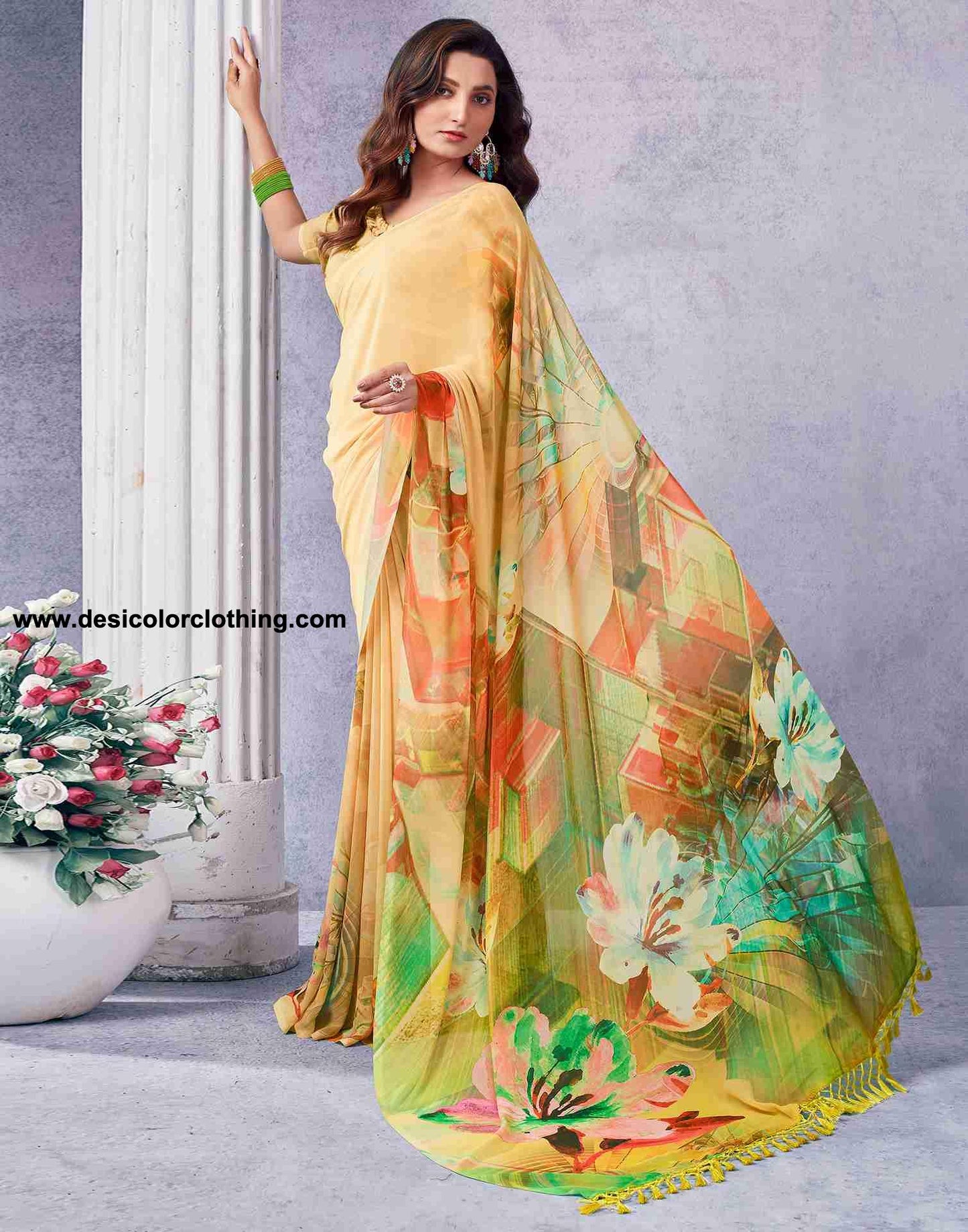 Yellow Georgette Printed Saree