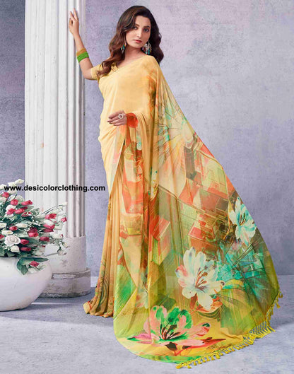 Yellow Georgette Printed Saree