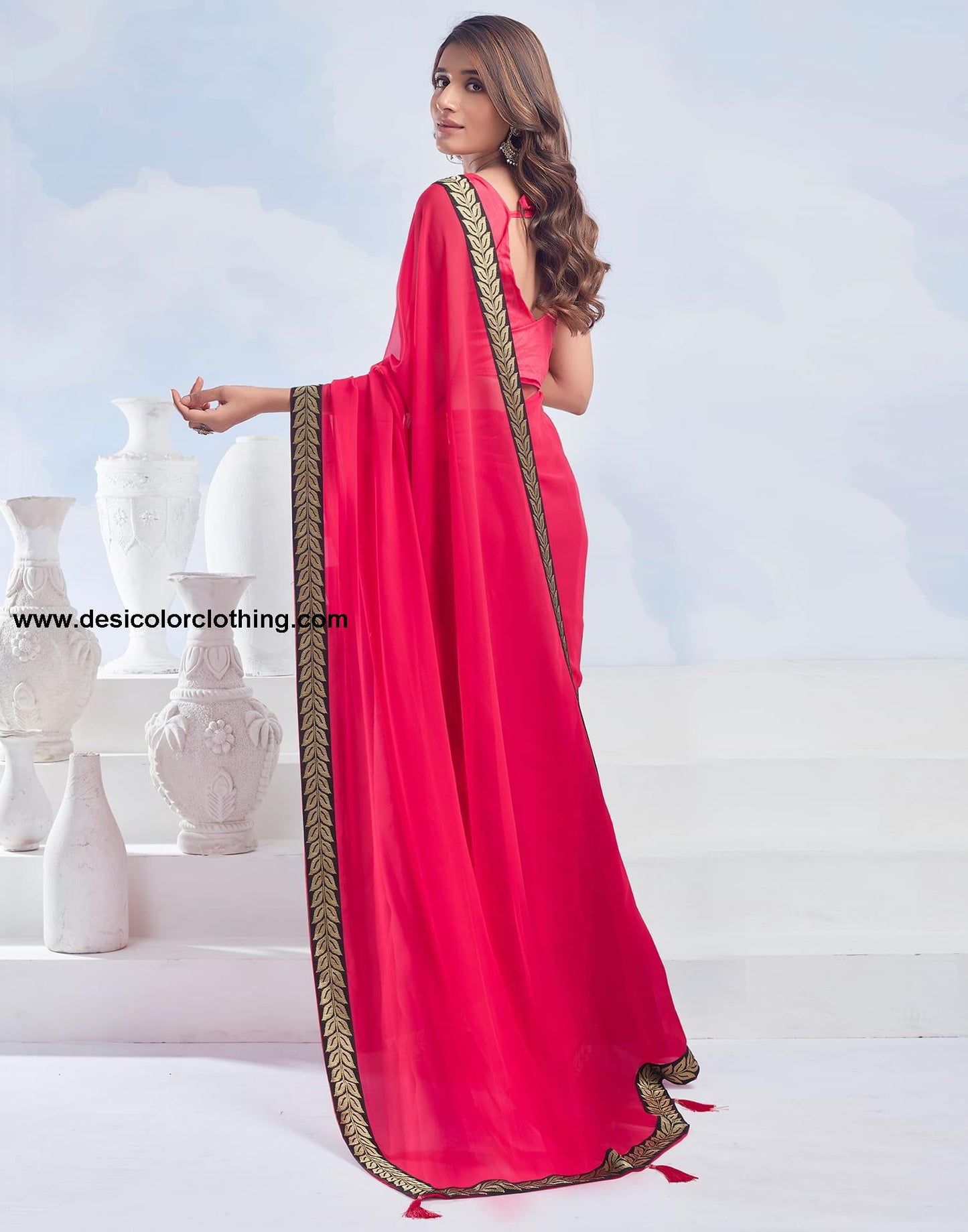 Red Plain Georgette Saree
