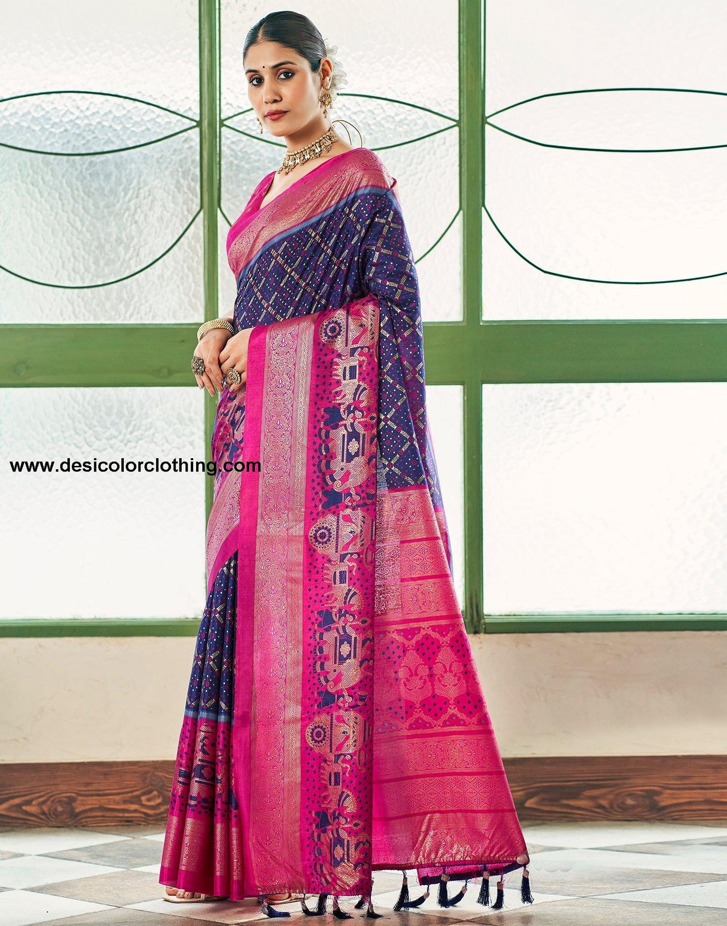 Dark Blue Silk Printed Saree