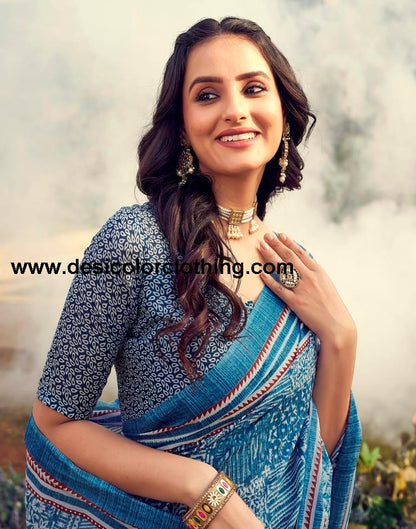 Blue Cotton Printed Ready To Wear