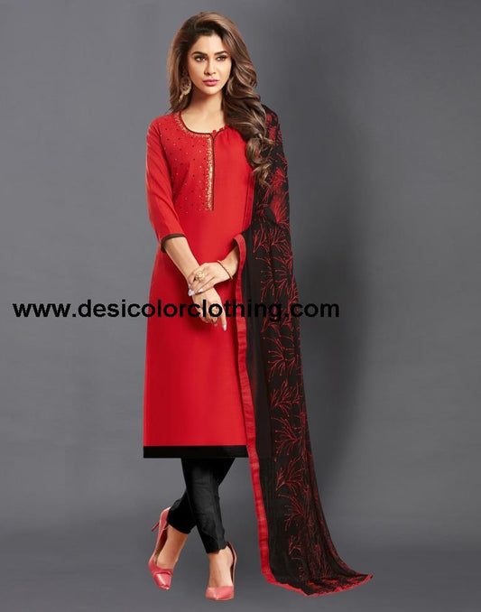 Red  Cotton Embroidered Unstitched Salwar Suit