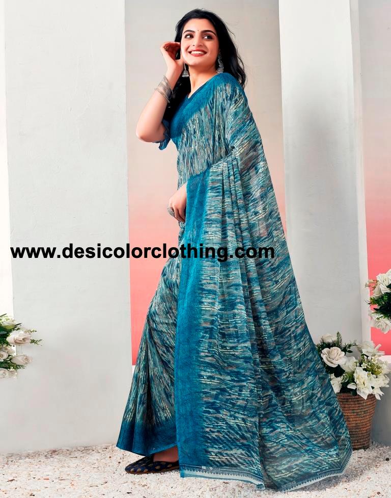 Teal Blue Chiffon Printed  Saree