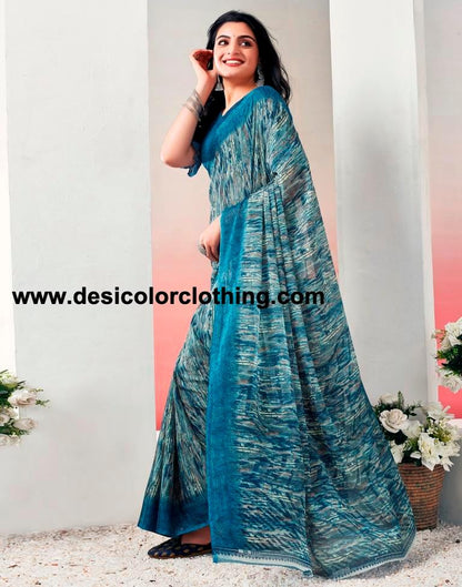 Teal Blue Chiffon Printed  Saree
