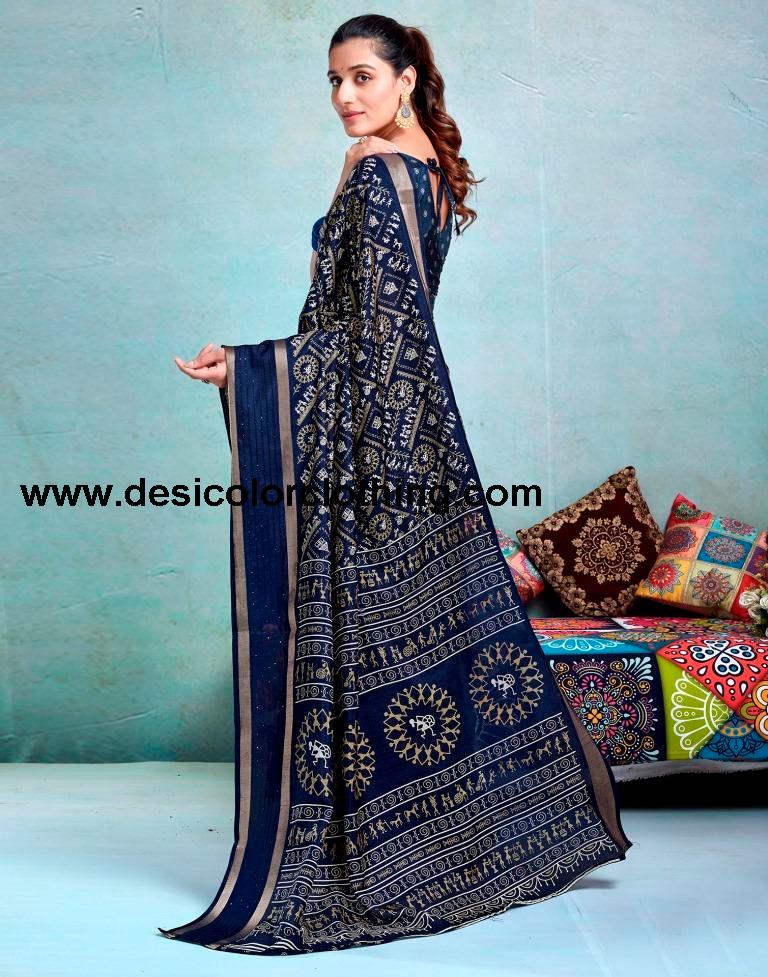 Dark Blue Silk Printed  Saree