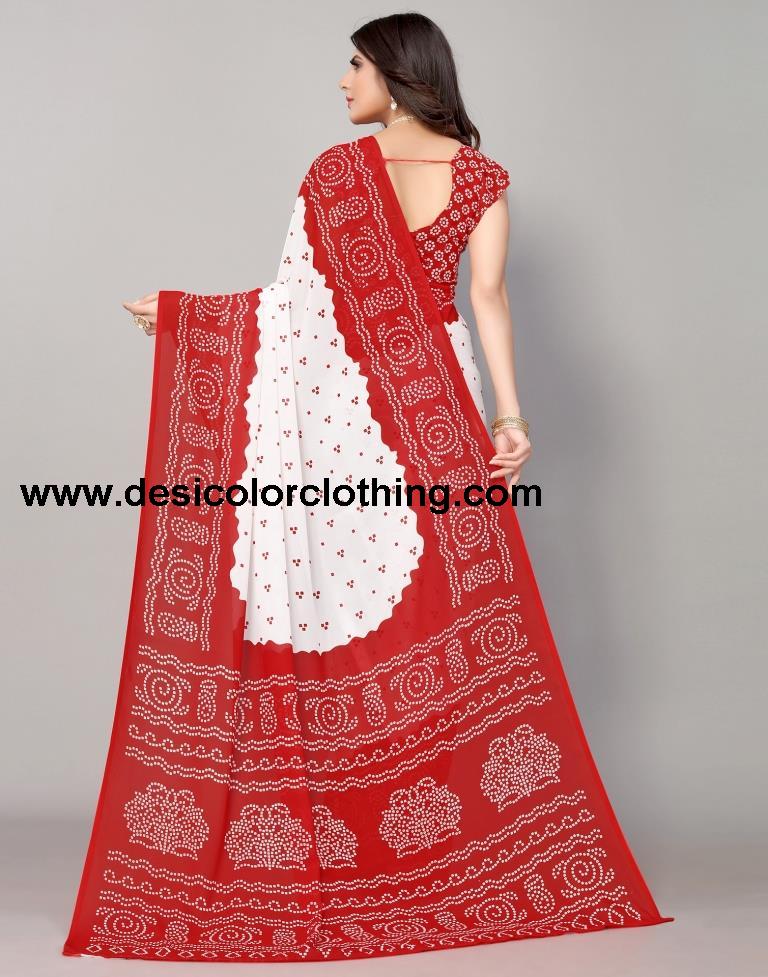 Red And White Bandhani Printed Saree
