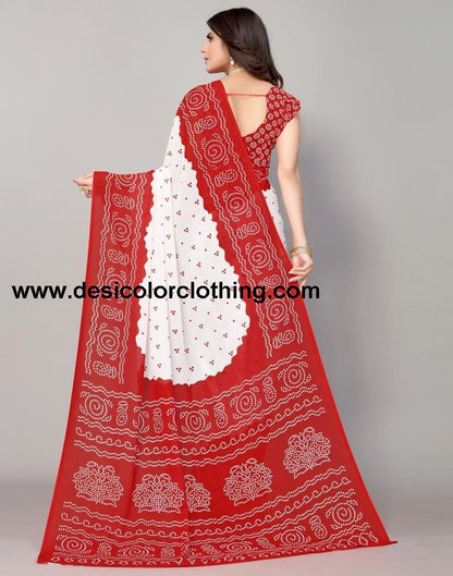 Red And White Bandhani Printed Saree