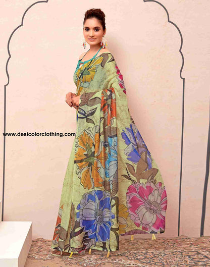 Yellow Cotton Printed Saree