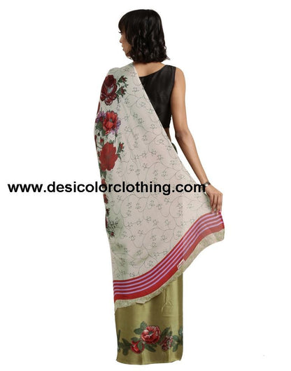 Beige Printed Satin Saree