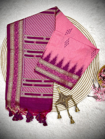 Product Image - Traditional Ikkat Temple Border Saree | Soft Tussar Silk