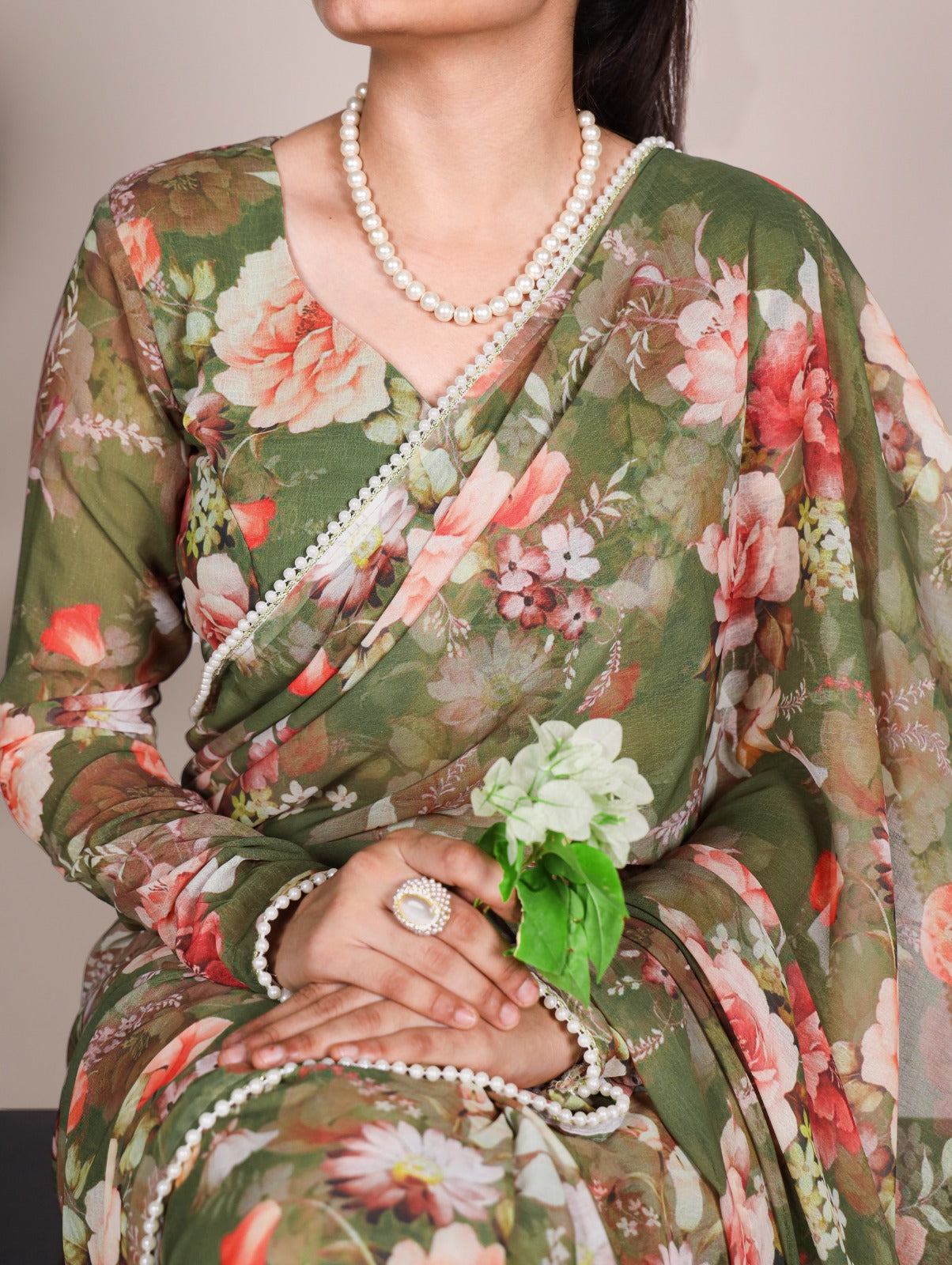 Product Image - Elegant Weightless Marbal Georgette Saree with Pearl Lace Border