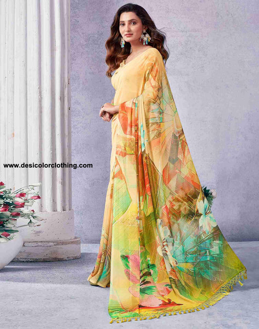 Yellow Georgette Printed Saree