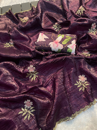 Product Image - Designer Gold Crush Tissue Saree with Multi-Embroidery for Festive Wear