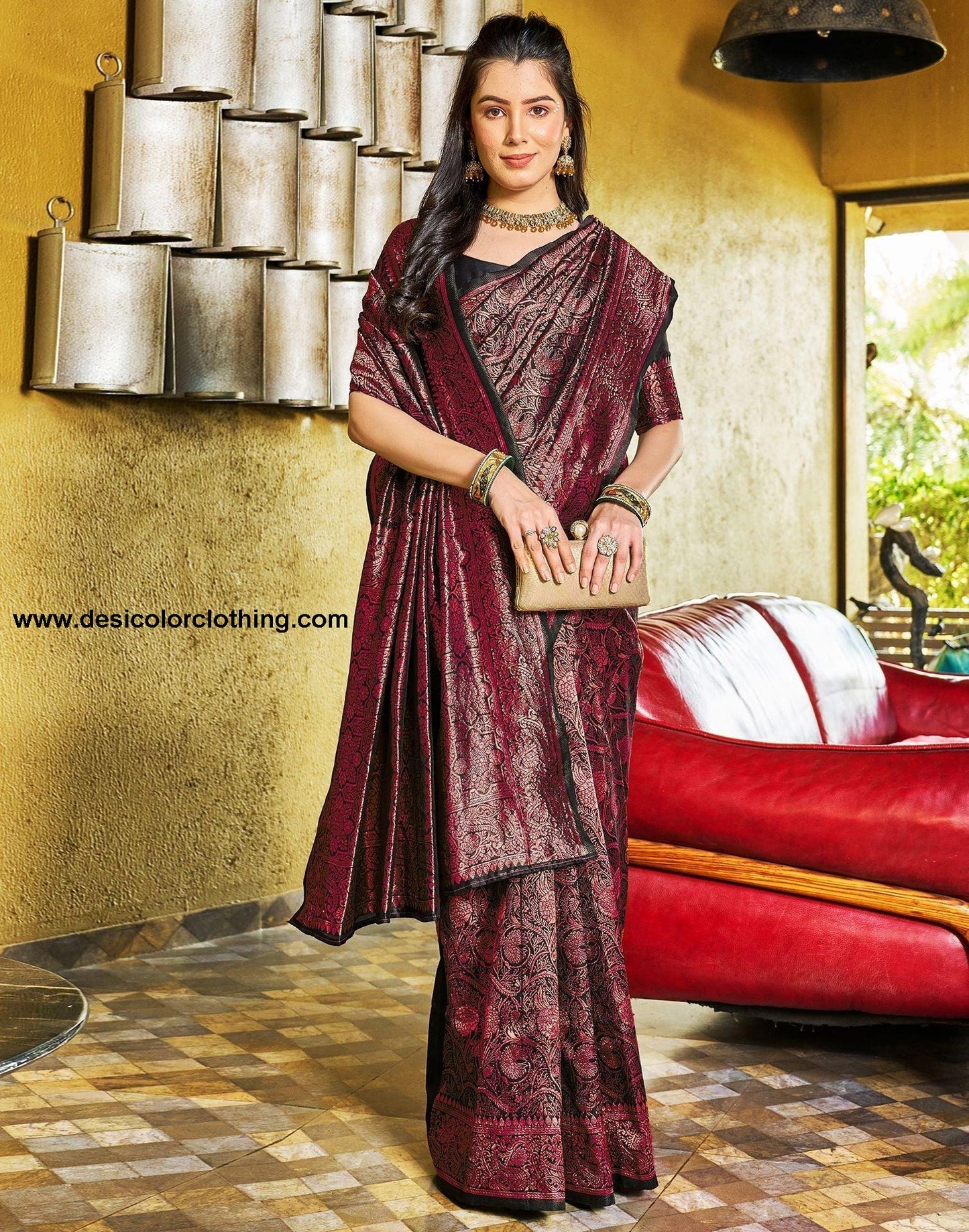 Black and Wine Jacquard Silk Saree